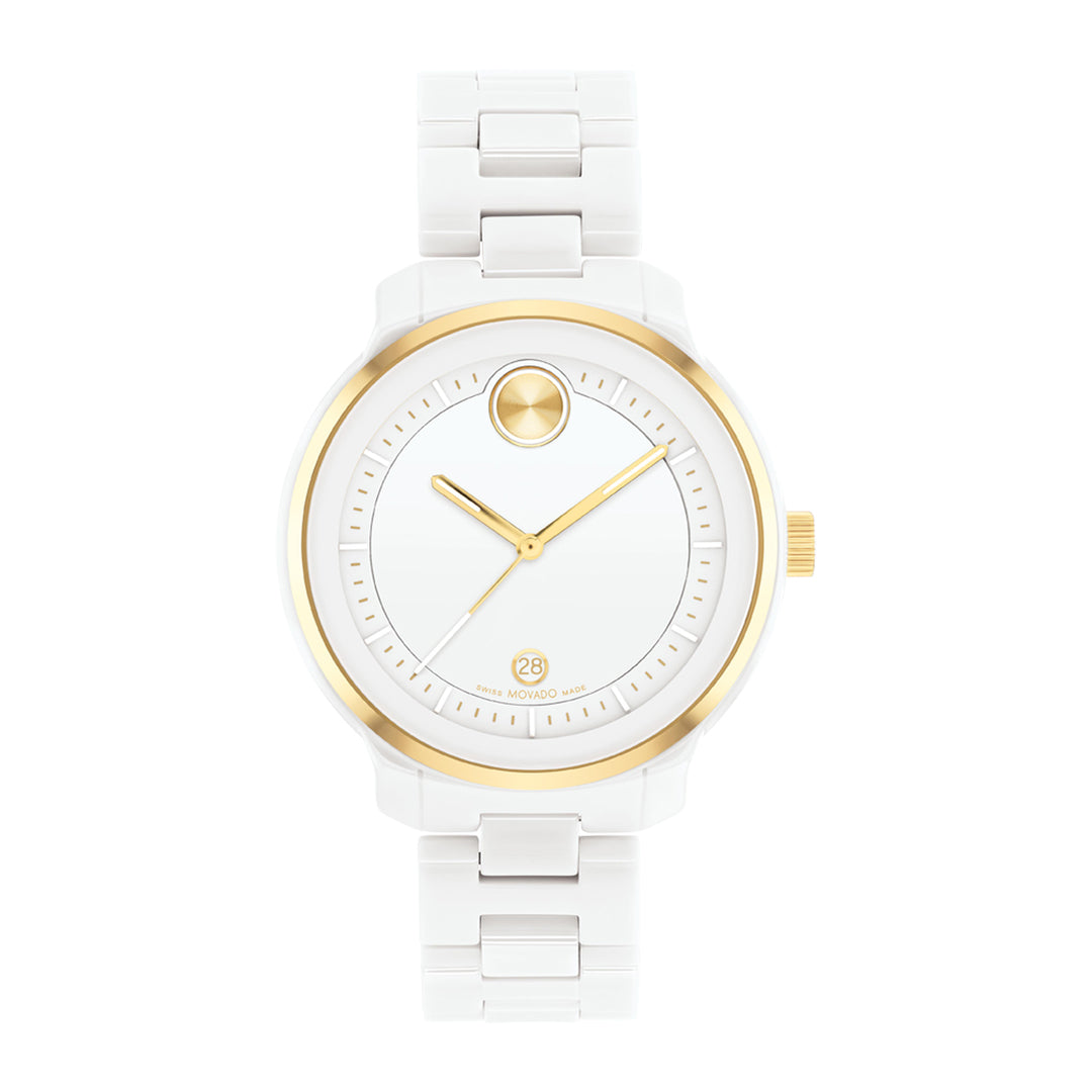White watch with gold accents on a white background