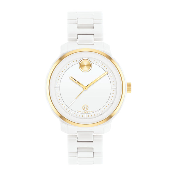 White watch with gold accents on a white background