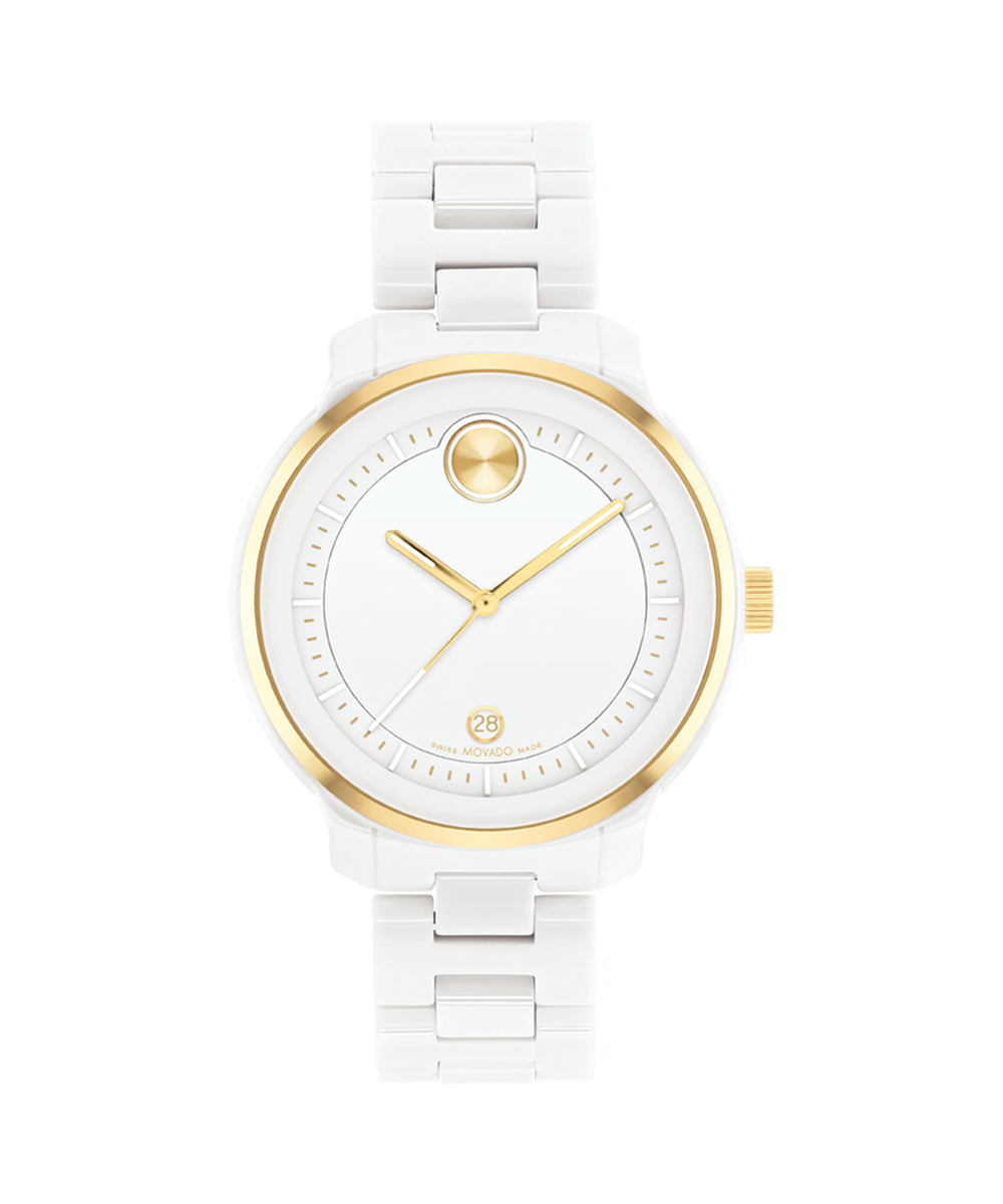 White watch with gold accents on a white background