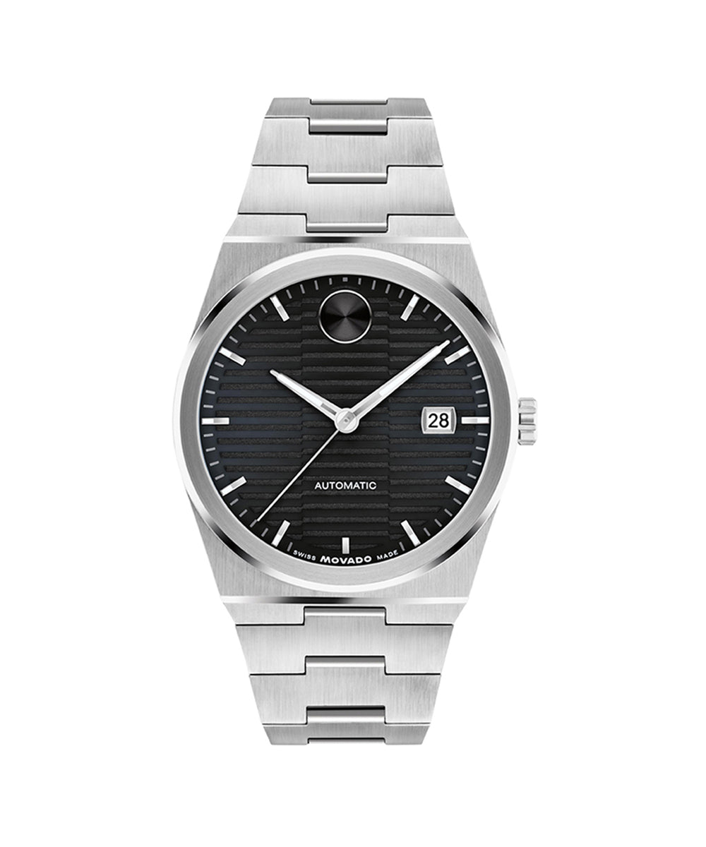 Silver watch with black dial on a white background