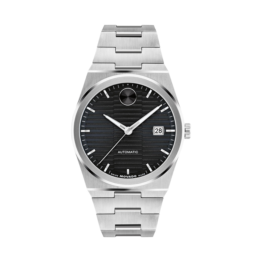 Silver watch with black dial on a white background