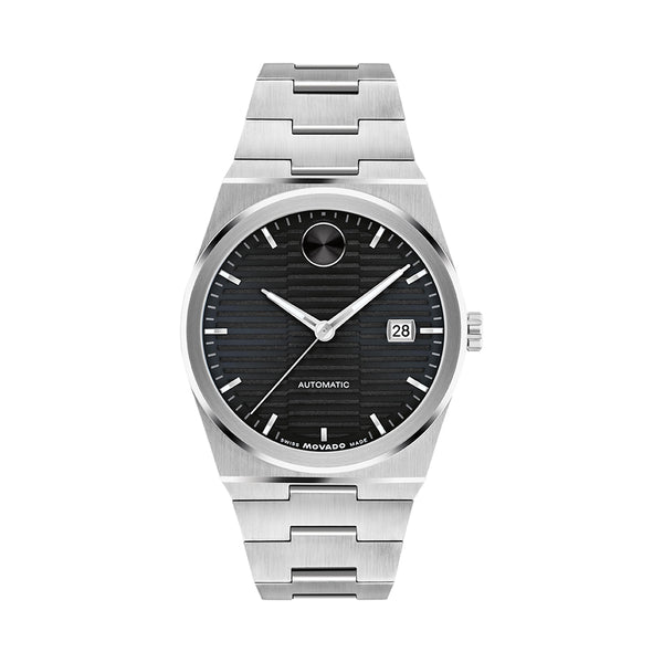 Silver watch with black dial on a white background