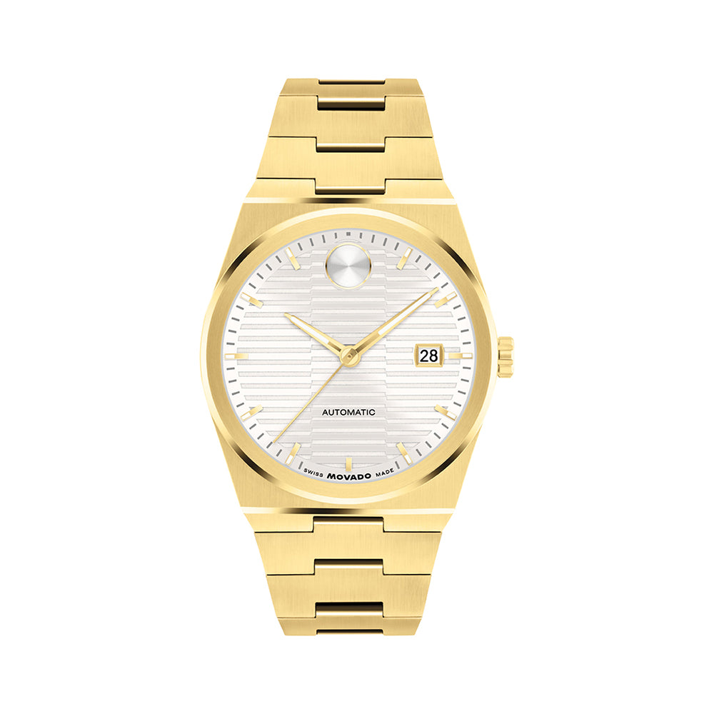 Gold wristwatch with a white face on a white background