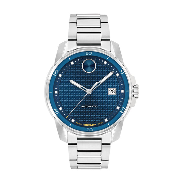 Silver watch with blue face on a white background