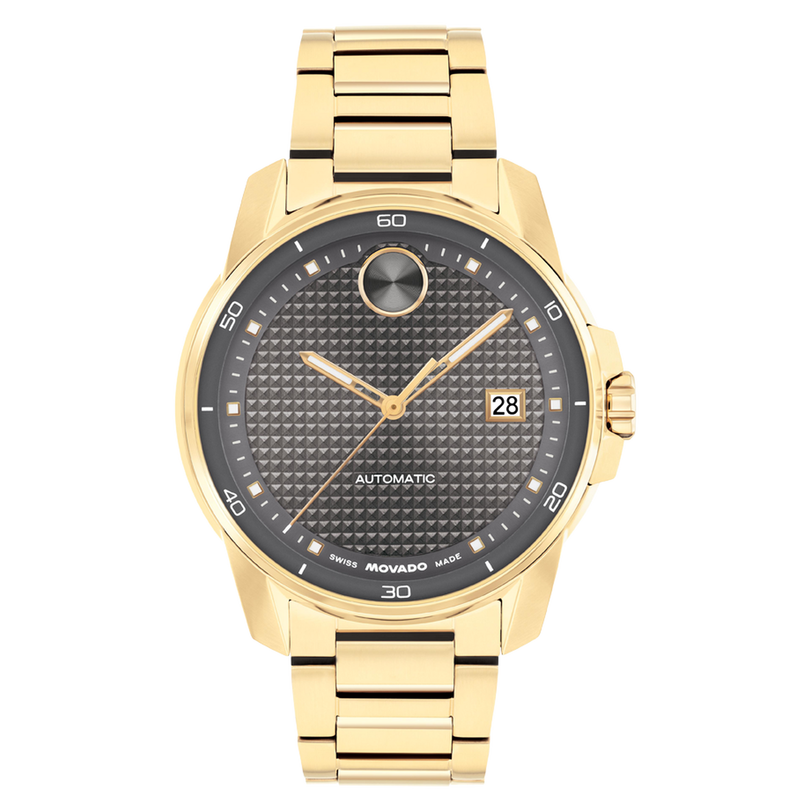 Gold wristwatch with black dial on a white background