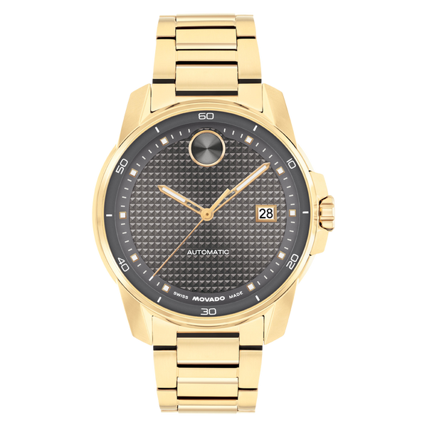 Gold wristwatch with black dial on a white background