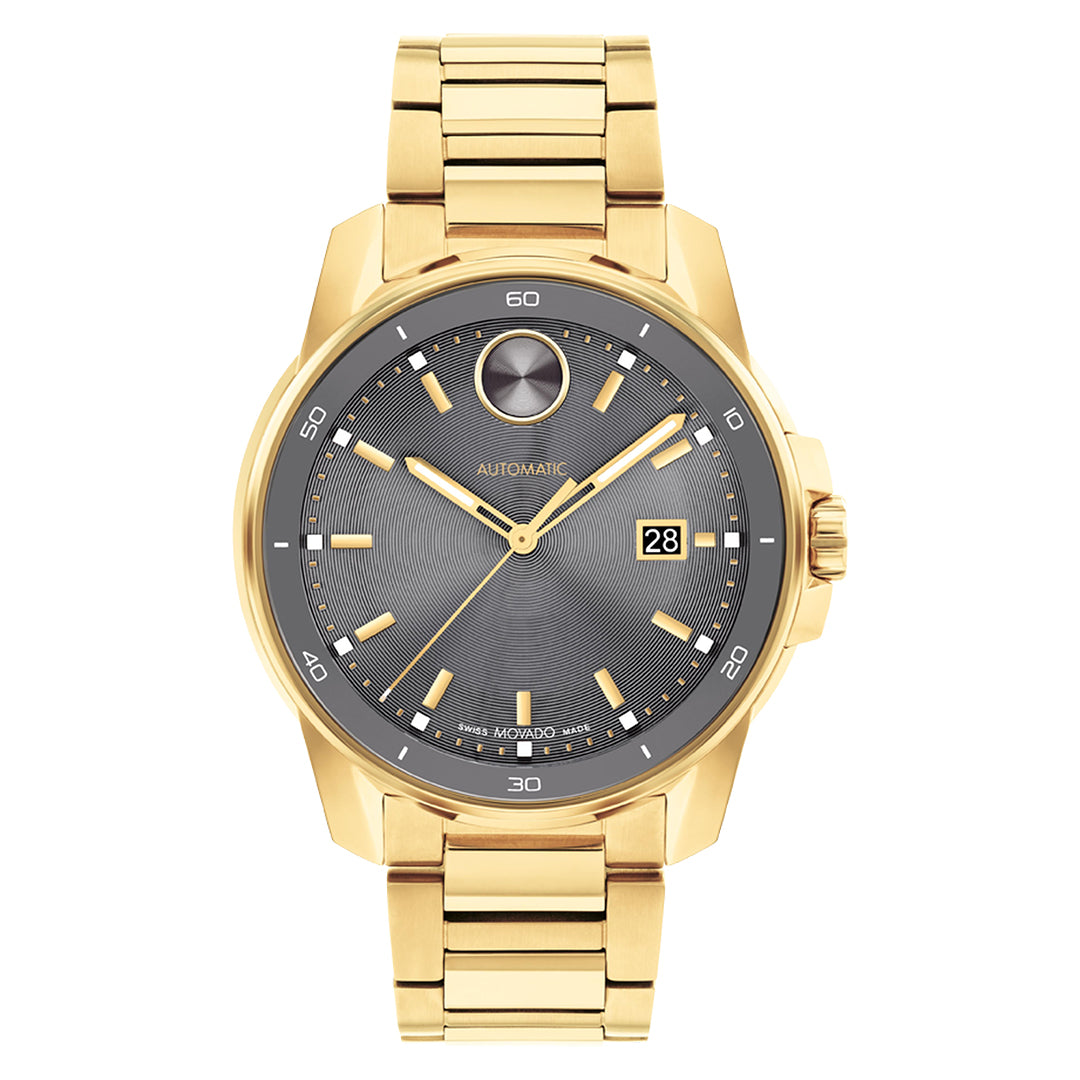 Gold wristwatch with a dark gray dial on a white background