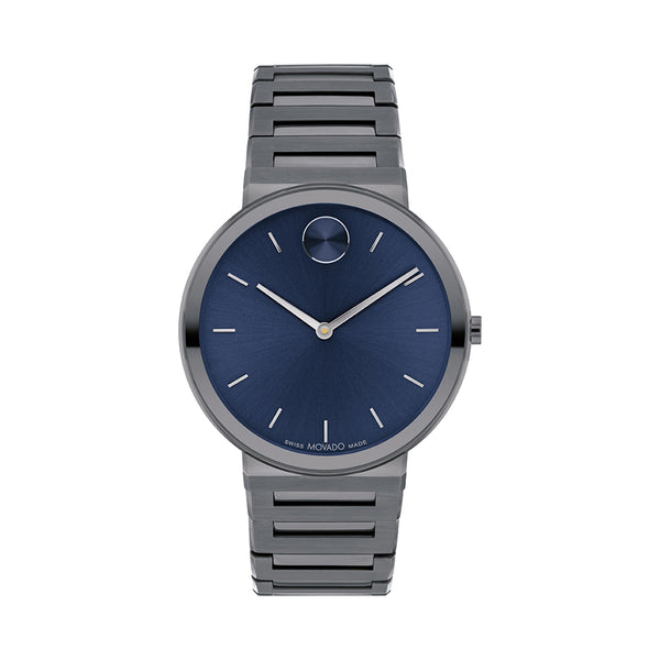 Wristwatch with blue dial and silver metal strap on a white background