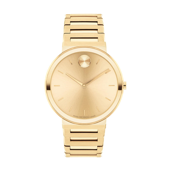 Gold wristwatch with a visible brand logo on a white background