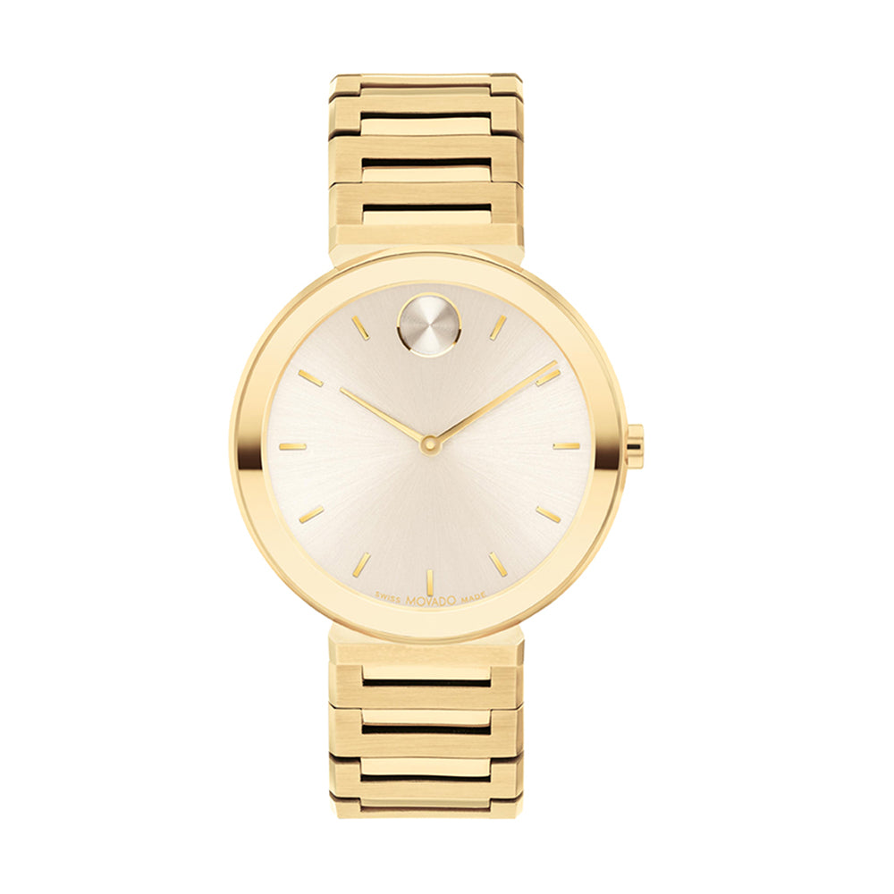 Gold wristwatch with a visible brand logo on a white background