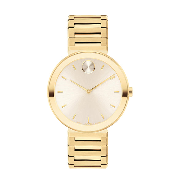 Gold wristwatch with a visible brand logo on a white background