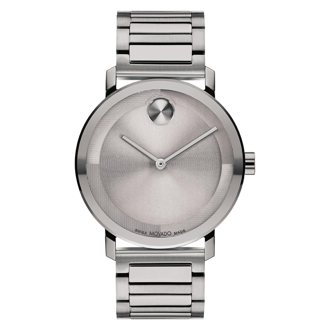 Silver watch with a metallic band on a white background