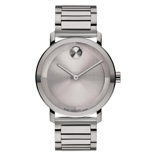 Silver watch with a metallic band on a white background