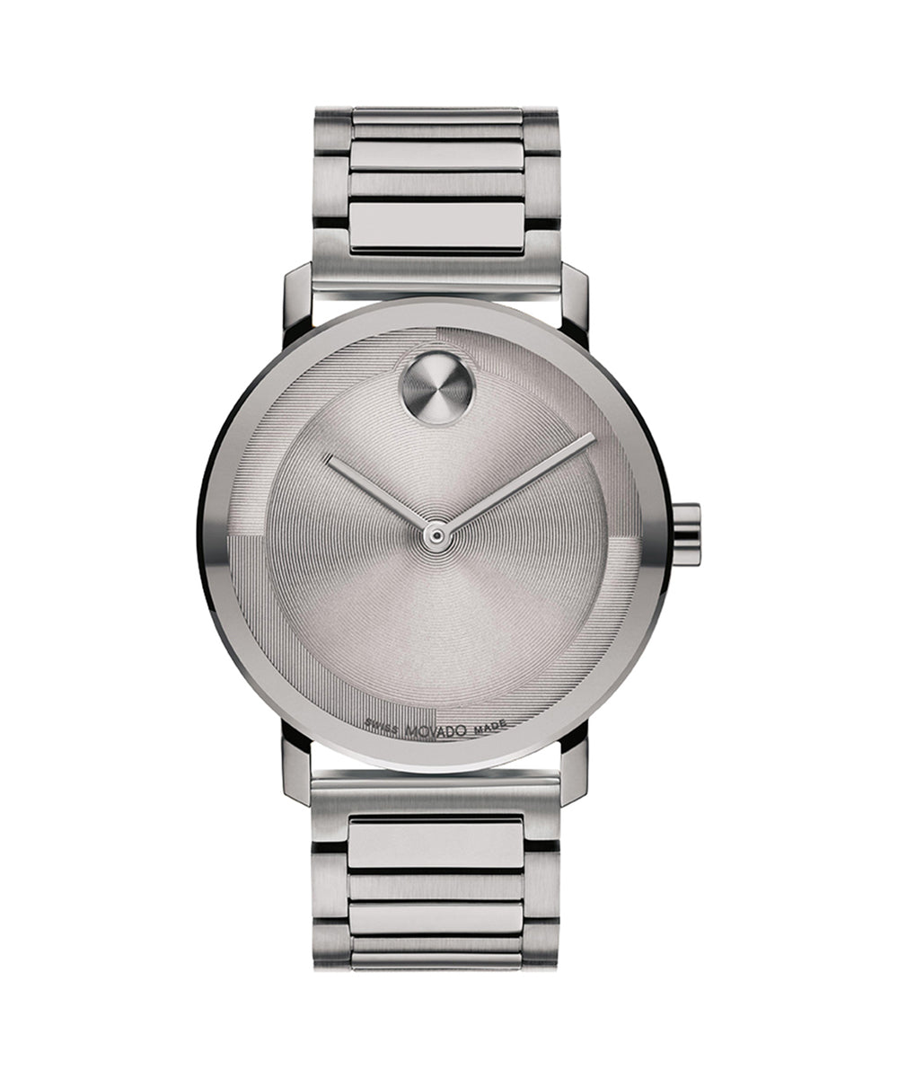 Silver watch with a detailed face on a white background