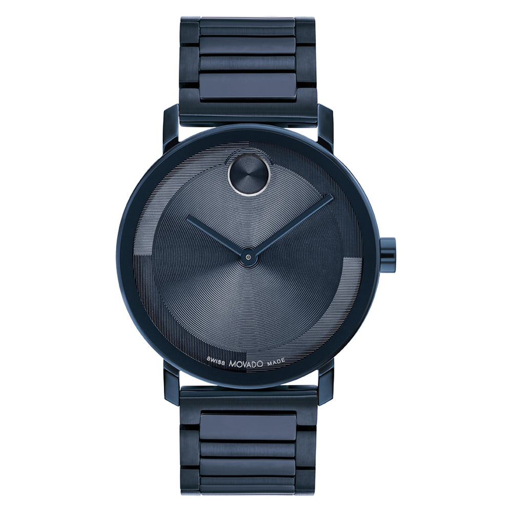 Black wristwatch with brand logo on a white background