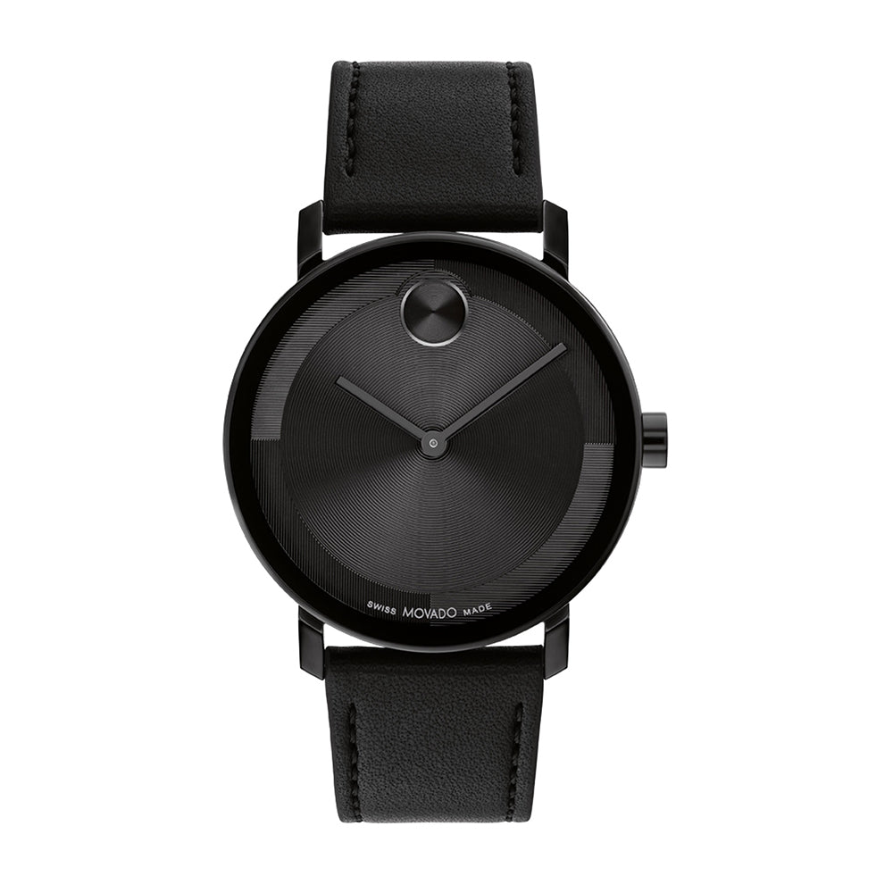 Black watch with leather strap on a white background
