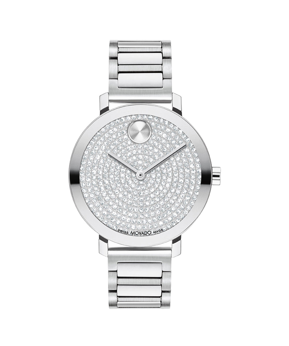 Silver watch with a detailed face on a white background