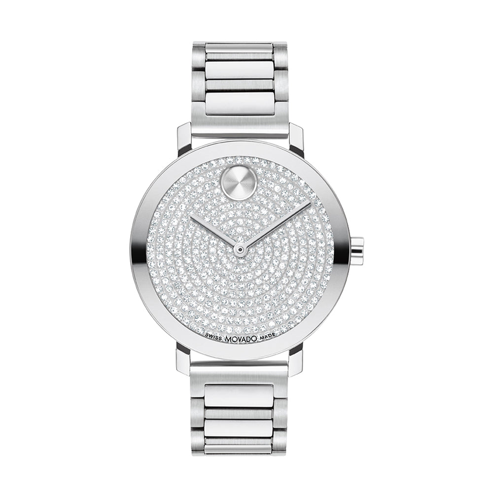 Silver watch with a detailed face on a white background