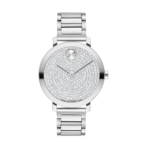 Silver watch with a detailed face on a white background