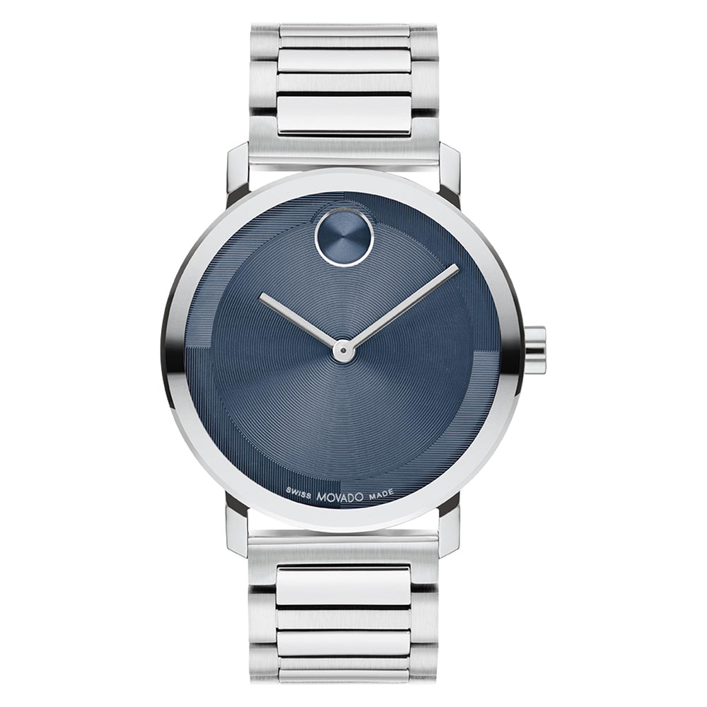 Silver watch with blue face on a white background