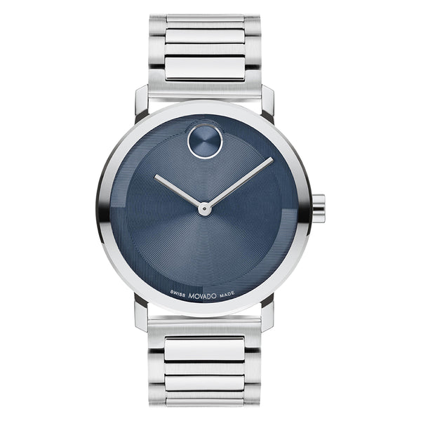 Silver watch with blue face on a white background