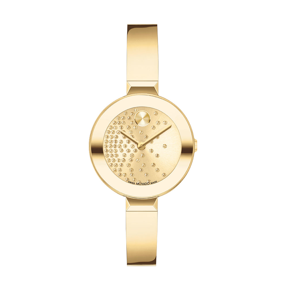 Gold watch with a detailed face on a white background