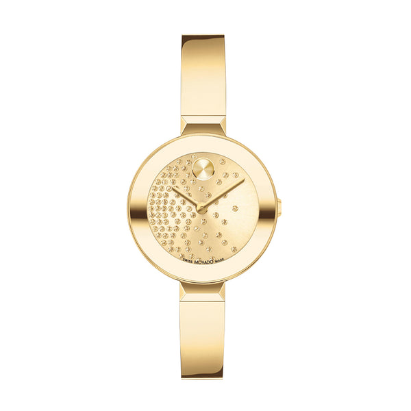Gold watch with a detailed face on a white background