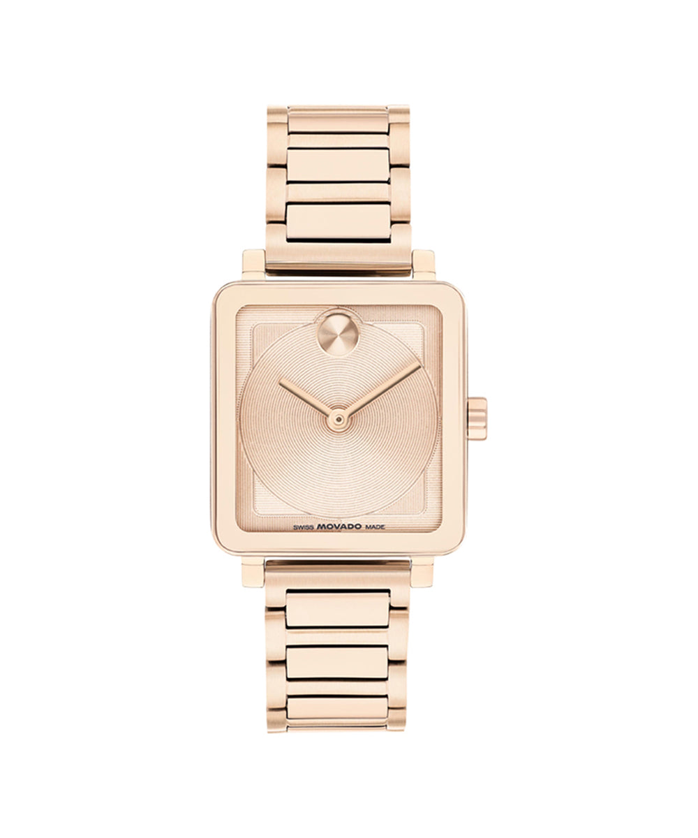 Rose gold watch with a square face on a white background