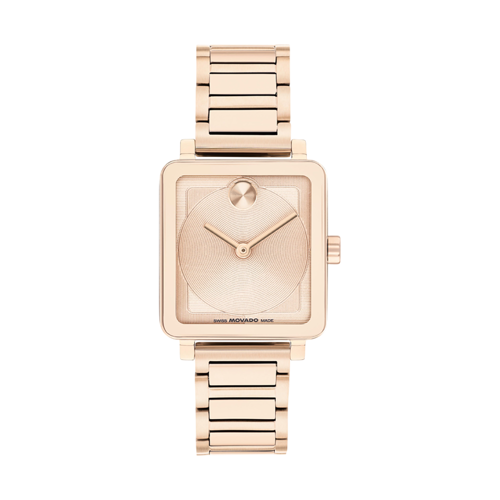 Rose gold watch with a square face on a white background