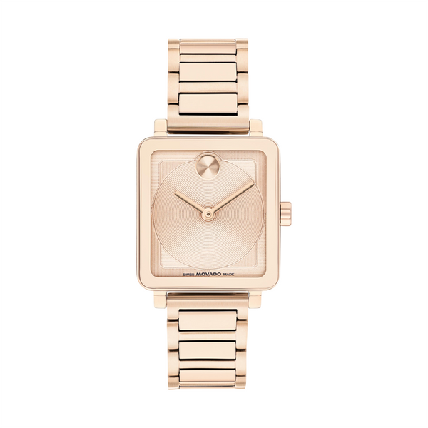 Rose gold watch with a square face on a white background