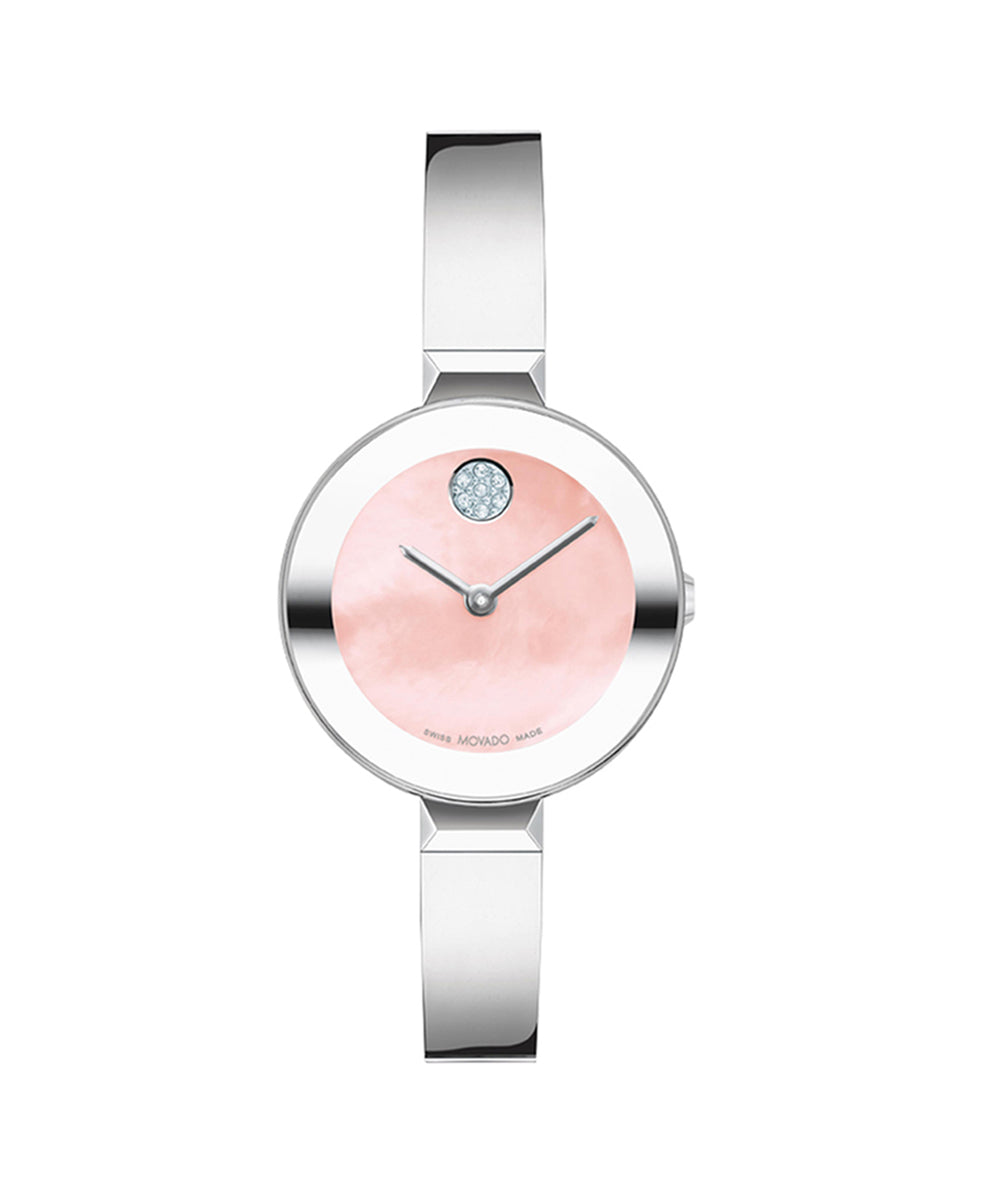 Watch with pink face and silver band on white background