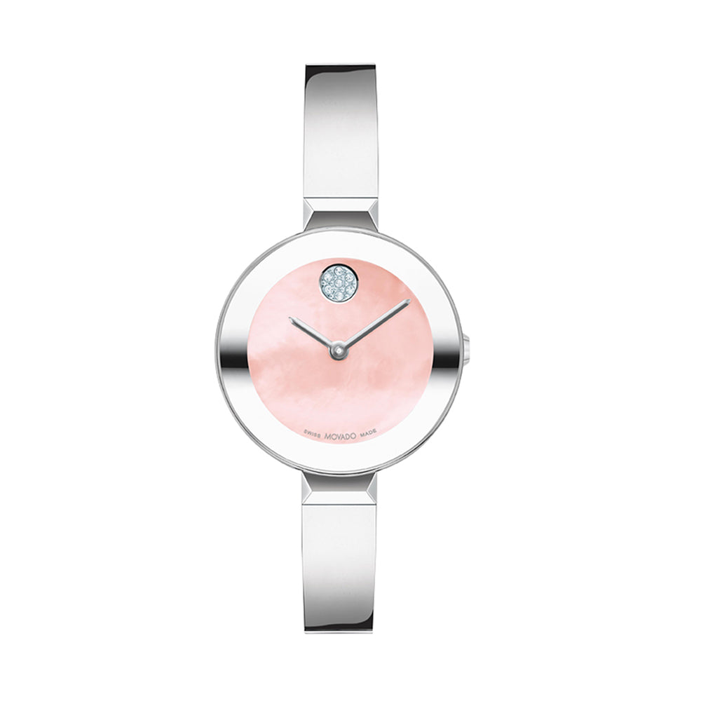 Silver watch with a pink face on a white background