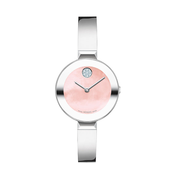 Silver watch with a pink face on a white background
