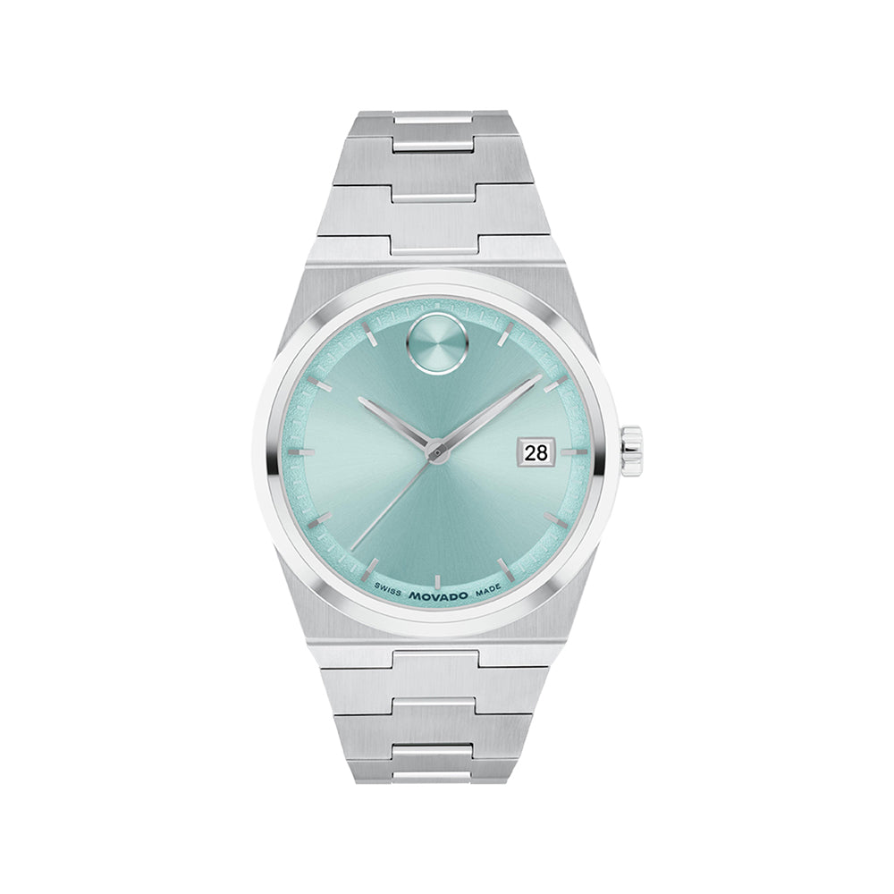 Silver watch with a light blue face on a white background