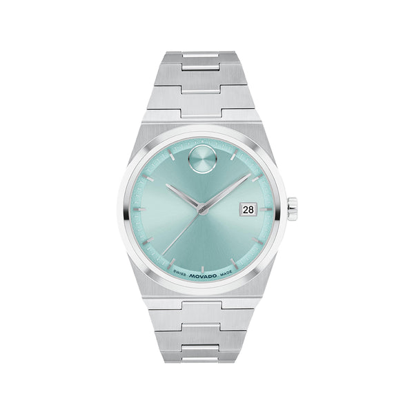 Silver watch with a light blue face on a white background