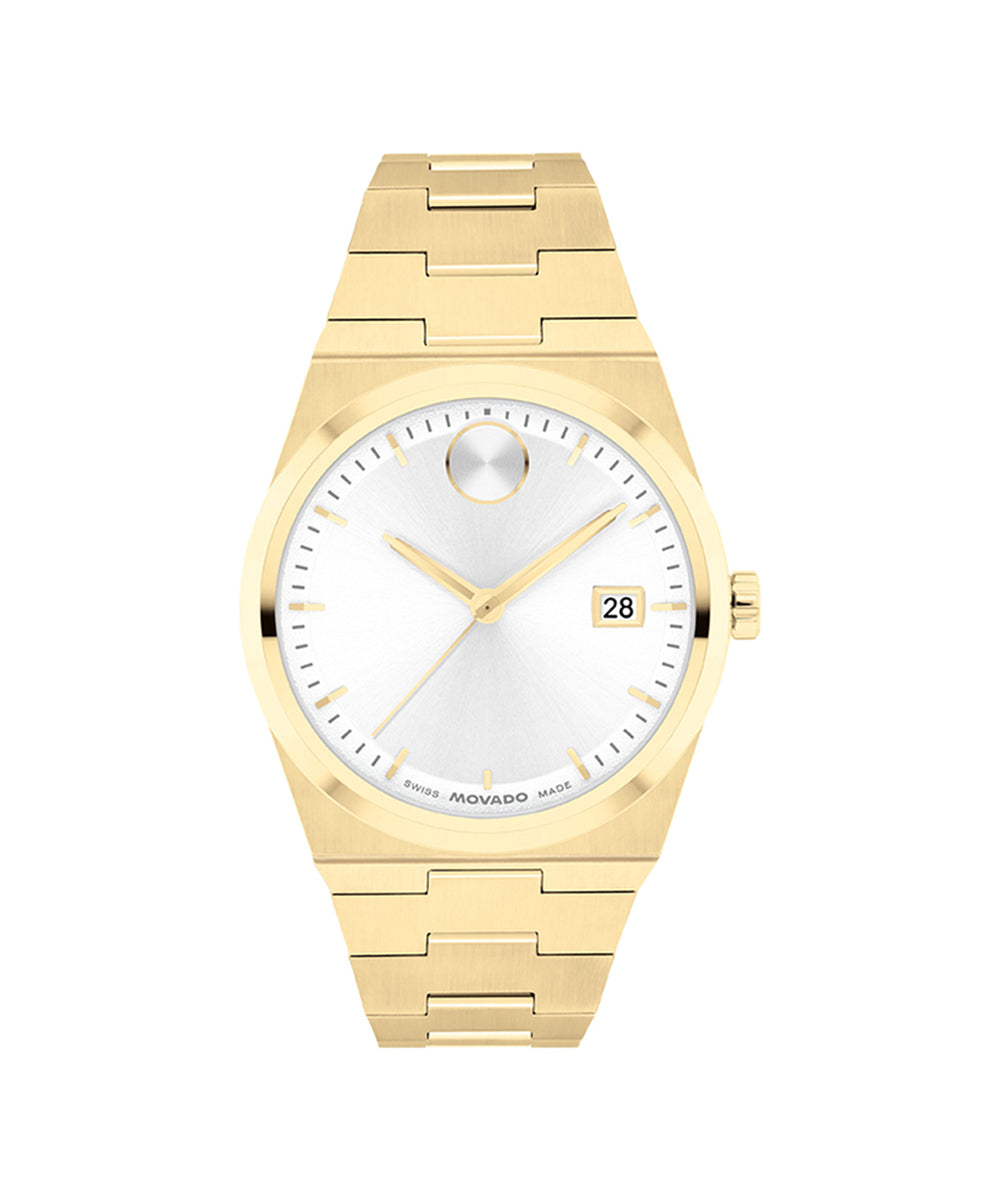 Gold wristwatch with a white face on a white background