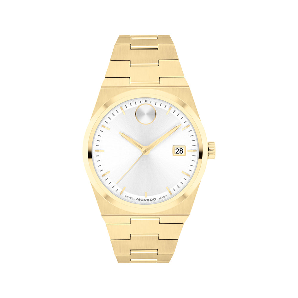 Gold wristwatch with a white face on a white background