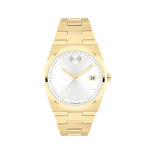 Gold wristwatch with a white face on a white background