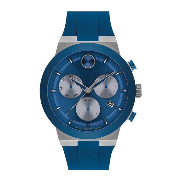 Blue and silver watch on a white background