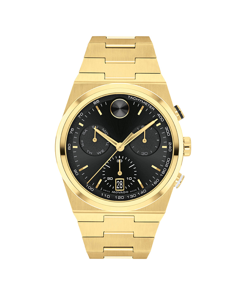 Gold wristwatch with a black dial on a white background
