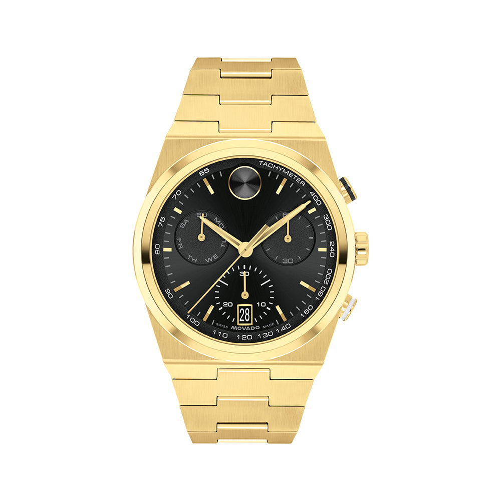 Gold wristwatch with a black dial on a white background