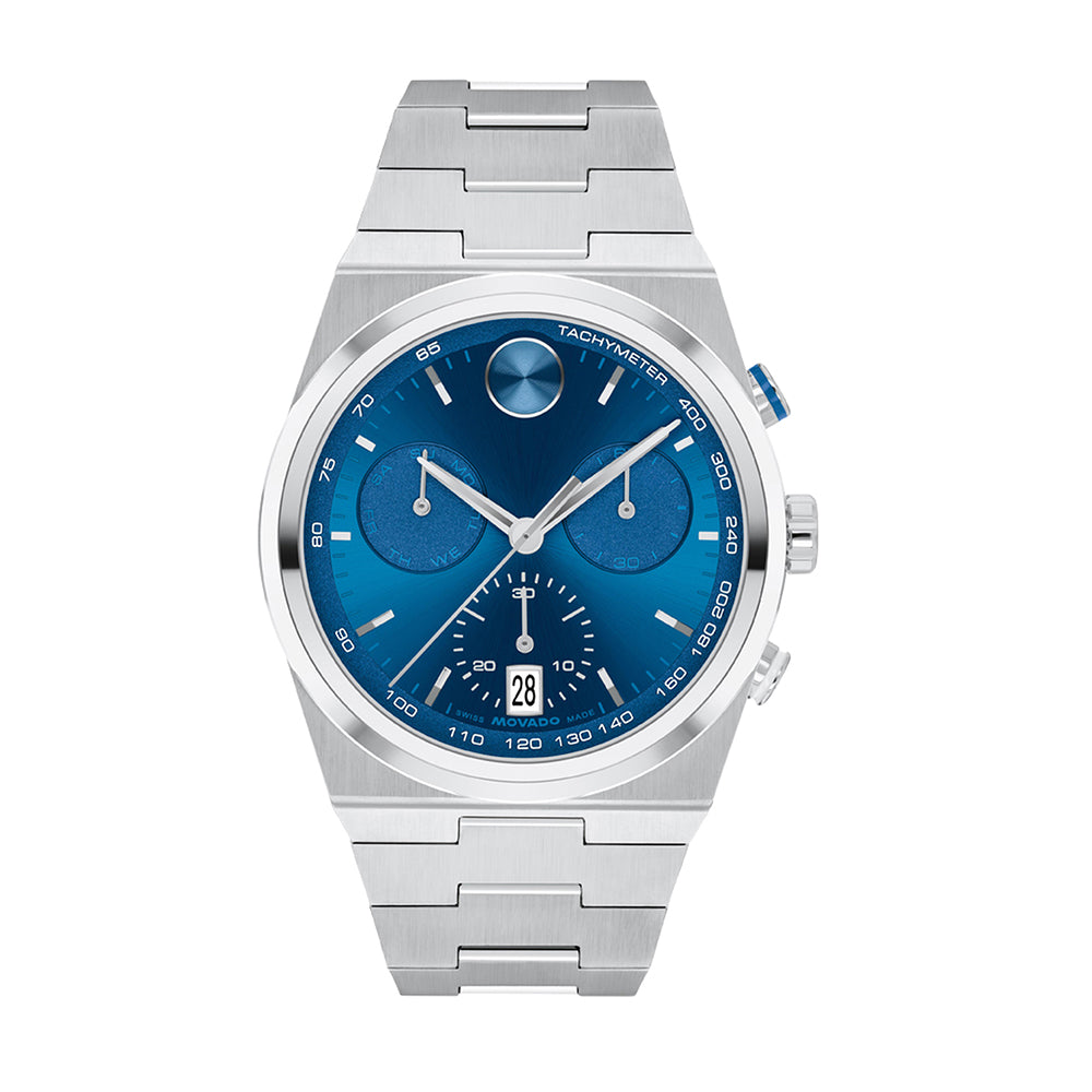 Silver watch with a blue face on a white background