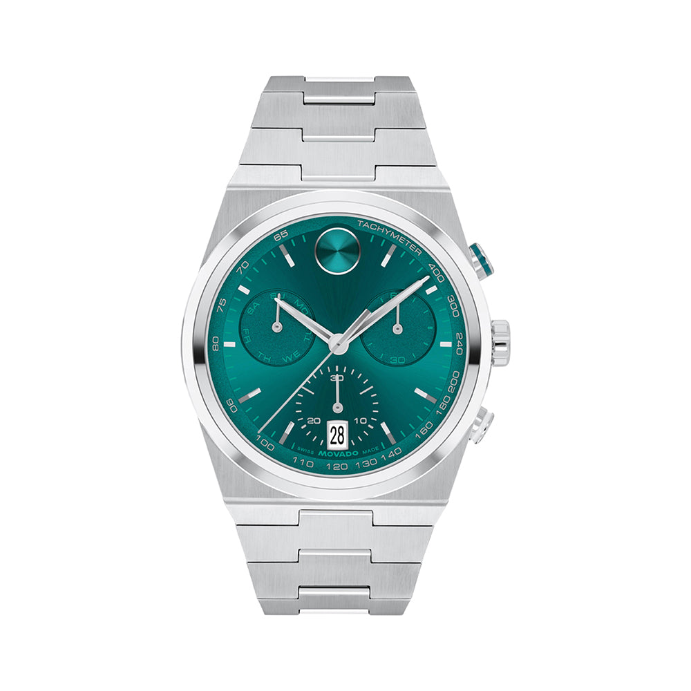 Silver watch with a green face on a white background