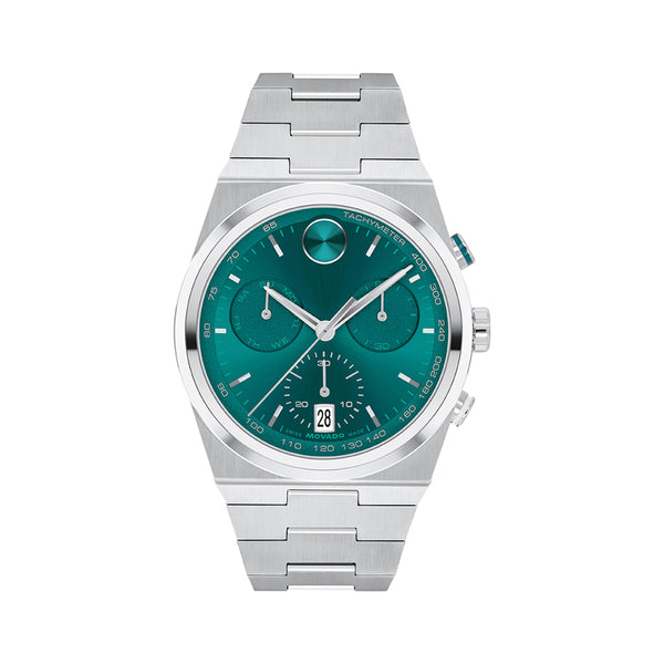 Silver watch with a green face on a white background