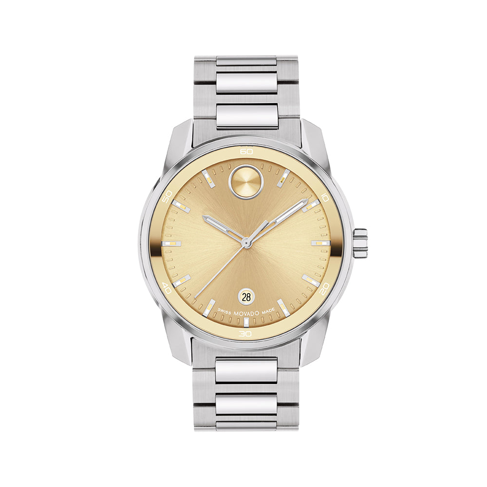 Watch with gold face and silver metal strap on white background