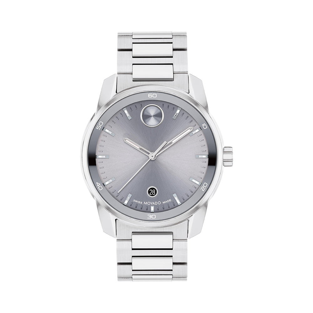 Silver wristwatch with a gray dial on a white background