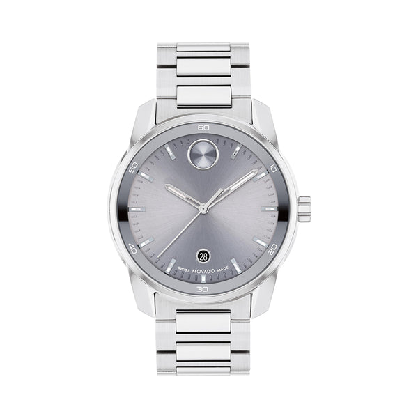 Silver wristwatch with a gray dial on a white background