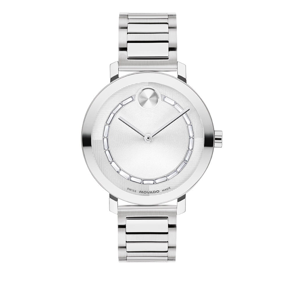 Silver watch with a visible brand logo on a white background