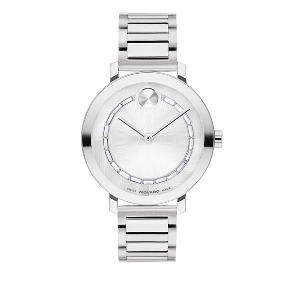 Silver watch with a visible brand logo on a white background