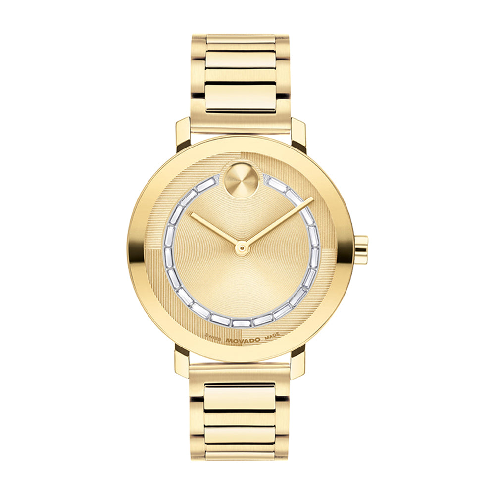 Gold wristwatch with brand logo on a white background